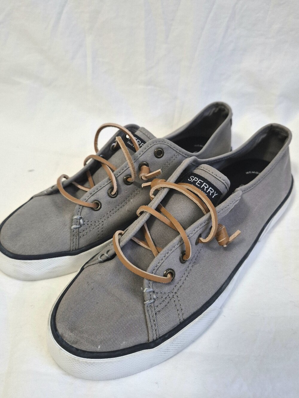 Sperry Top Sider Grey Canvas Sneakers Leather Lace Women 9 Nautical